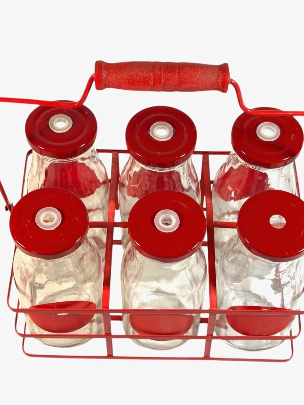 Set 6 Glass Bottles in Red Metal Carrier w/ Holes for Straws, Farmhouse Chic